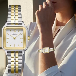 Reloj de Pulsera de Lujo para Mujer, Cuadrado, Analógico, de Cuarzo, con Esfera de Acero Inoxidable y Cristal, Correa de Cuero Dorado, Movimiento Japonés - Product Image 1