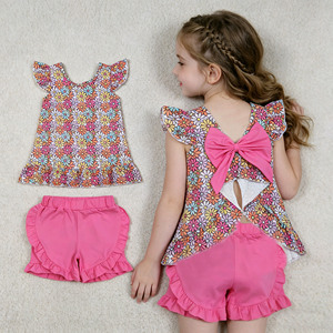 RTS Boutique Casual Flower Print Kids Girls T-Shirt Shorts 2-Piece Outfits <b>Big</b> <b>Bows</b> Wholesale Cute Baby Girls Clothes Sets - Product Image 2