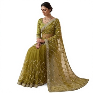 Sari en soie verte brodé pour femme, tenue de mariage traditionnelle, longueur au sol, coupe classique, style Inde Pakistan - Product Image 1
