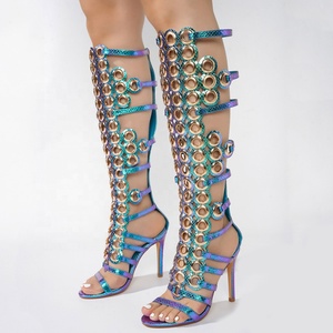 Summer Metal Circle Ornaments Women Knee High Boots High Slim Heeled Cut Out Long <b>Booties</b> Sexy Punk Styles Dress Shoes - Product Image 3