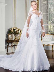 O-neck Long Sleeve Mermaid Wedding Dress 2025 See Through Illusion Back White Bridal Gowns With Lace Appliques - Product Image 2