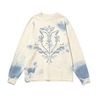 T-shirt à manches longues bleu tie-dye vieilli avec motif végétal en chenille, style streetwear épais, décontracté pour le quotidien