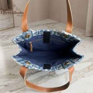 Blue Indigo Block Print Cotton Tote Bag Geometric Shoulder Bag Handmade Travel Market Tote - Product Image 4