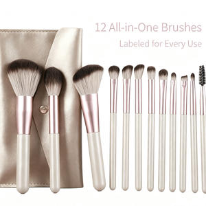 ชุดแปรงแต่งหน้ามืออาชีพสีชมพู 12 ชิ้น ขนแปรงสังเคราะห์ พร้อมกระเป๋าเก็บของหนัง PU สำหรับแต่งหน้าใบหน้าและดวงตา - Product Image 3