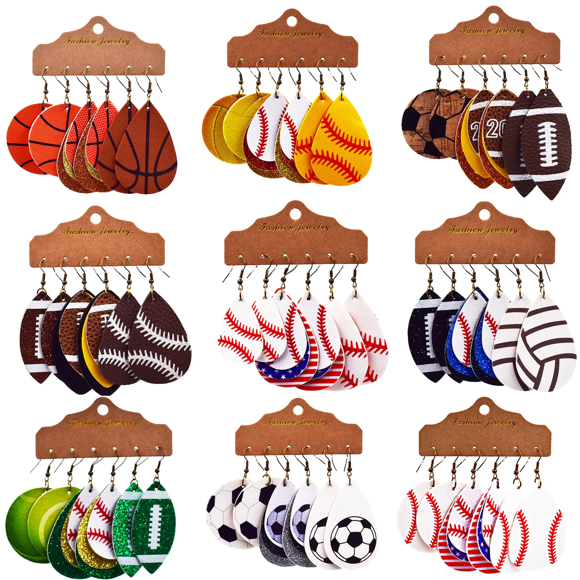 3 Pasang/Set Anting-Anting Menjuntai Kulit Olahraga Multi-lapis Wanita Perhiasan Anting-Anting Sepak Bola Kulit Air Mata Bola Basket Bisbol