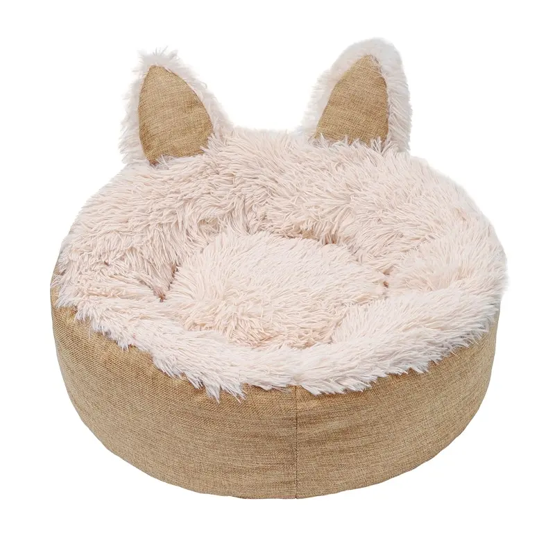 Extraíble orejas de gato forma creativa gato y perros sueño calmante redondo lujo mascotas perreras cama suave para perros