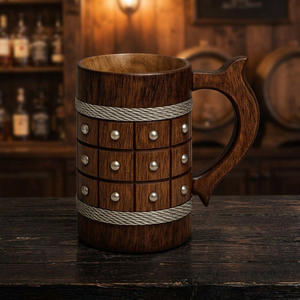 Jarra Vikinga de Madera Pulida Hecha a Mano, Rústica, Ecológica, Personalizada con Grabado, Coleccionable, para Cerveza - Product Image 1