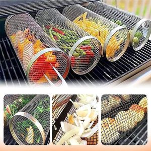 BBQ <b>Rolling</b> Grill Basket Clamshell Version <b>Rolling</b> Grill Cage Stainless Steel BBQ Grill Basket with Bracket and Fork - Product Image 6