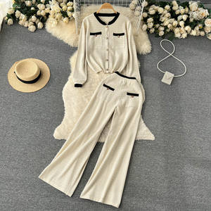 ชุด2ชิ้นเสื้อคาร์ดิแกนถักแบบเดี่ยวกางเกงขากว้างพลิ้วไหวสำหรับผู้หญิง - Product Image 1