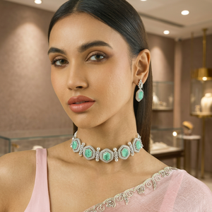 Zircon Choker Necklace 182662 Elegant <b>Wedding</b> <b>Accessory</b> with Dazzling Hexagon-Shaped Zircon Stones Zinc Alloy Bezel Setting - Product Image 3