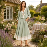 Ensemble tunique col en V en lin mélangé 160 GSM avec manches à dentelle + jupe midi évasée pour femme English Garden OEM XS-5XL