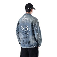 Veste en jean décontractée et stylée pour homme, style streetwear américain vintage, effet graffiti, pour le printemps et l'automne J0925