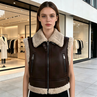 Gilet en fausse fourrure marron mélangé automne/hiver, veste courte tendance style motard avec patchwork
