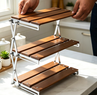 Table de camping pliable légère et portable à 3 niveaux en bois massif avec base trépied carrée moderne en acier inoxydable