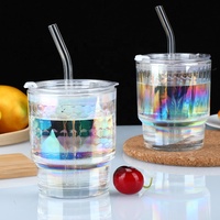 Gobelet en verre Tasse à café en verre coloré avec couvercle et paille Tasse en verre à boire au design moderne
