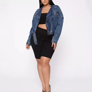 Wholesale Loose Long Sleeve Zipper Down Belt Lock Short <b>Jean</b> Cropped Plus Size Women's Denim Jacket - Product Image 1