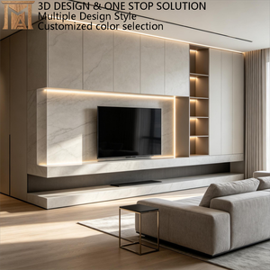 Meuble <span class=keywords><strong>TV</strong></span> intégré de luxe moderne avec armoire contemporaine et vitrines en bois pour salon, unité de mobilier murale complète - Product Image 1
