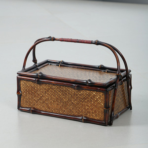 Handmade Bamboo Woven Tea Box Rectangle 38x25cm Lacquered <b>Storage</b> <b>Basket</b> Living Room Use - Product Image 1