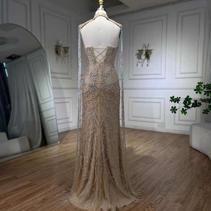 Arabic Silver Nude Beaded Elegant Mermaid Blue Luxury Dubai Evening Dresses Gowns for Women Party 2025 LA70752L