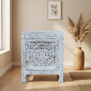 Table de chevet moderne en bois massif sculpté à la main, finition blanchie, avec 1 tiroir et 1 porte, durable, pour salon, Jangid Art - Product Image 1