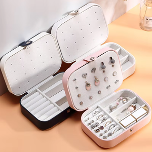 <b>Red</b> Leather Jewelry <b>Box</b> With Zipper Closure Dual Layer Organizer For Rings Earrings Necklaces - Product Image 4
