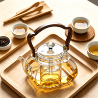 Bouilloire à thé en verre borosilicate transparent avec poignée en bois, infuseur amovible, bec verseur résistant à la chaleur, couvercle, pot de préparation de thé pour la maison