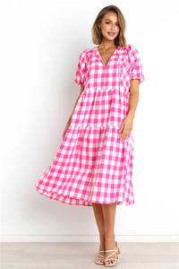 Personalizado Casual señoras cuello entallado <span class=keywords><strong>P</strong></span> manga corta escalonado con volantes suelto Gingham <span class=keywords><strong>Maxi</strong></span> vestido largo para las mujeres - Product Image 2