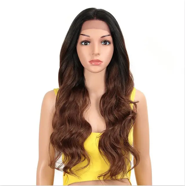 Heat Resistant Long Wavy Synthetic Hair Wig With Baby Hair Body Wave Deep Middle Part Swiss Lace Frontal Wigs Hair Extension