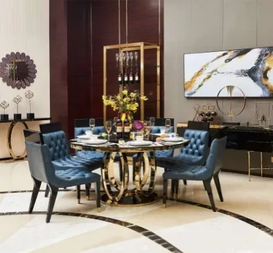 Modern Bulat Marmer Meja Makan dan Kursi Set Emas Desain dengan Stainless Steel Dasar Cahaya Mewah Set Ruang Makan Furniture