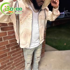 Fabricants de vêtements Streetwear Broderie personnalisée Vintage Acid Wash French Terry Distressed Rhinestone Zip up Hoodie pour hommes - Product Image 2