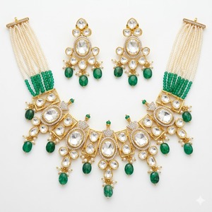 Conjunto de Collar de Plata 925 con Esmeraldas y Kundan, Joyería Nupcial de Lujo, Aretes de Perlas de Diseño para Mujer - Product Image 1