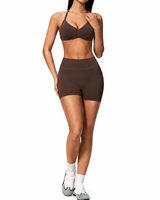 Ensemble de yoga personnalisé pour femme, été, uni, grande taille, léger, premium, avec soutien-gorge de sport sans couture à dos nu et short taille haute froncé pour la gym