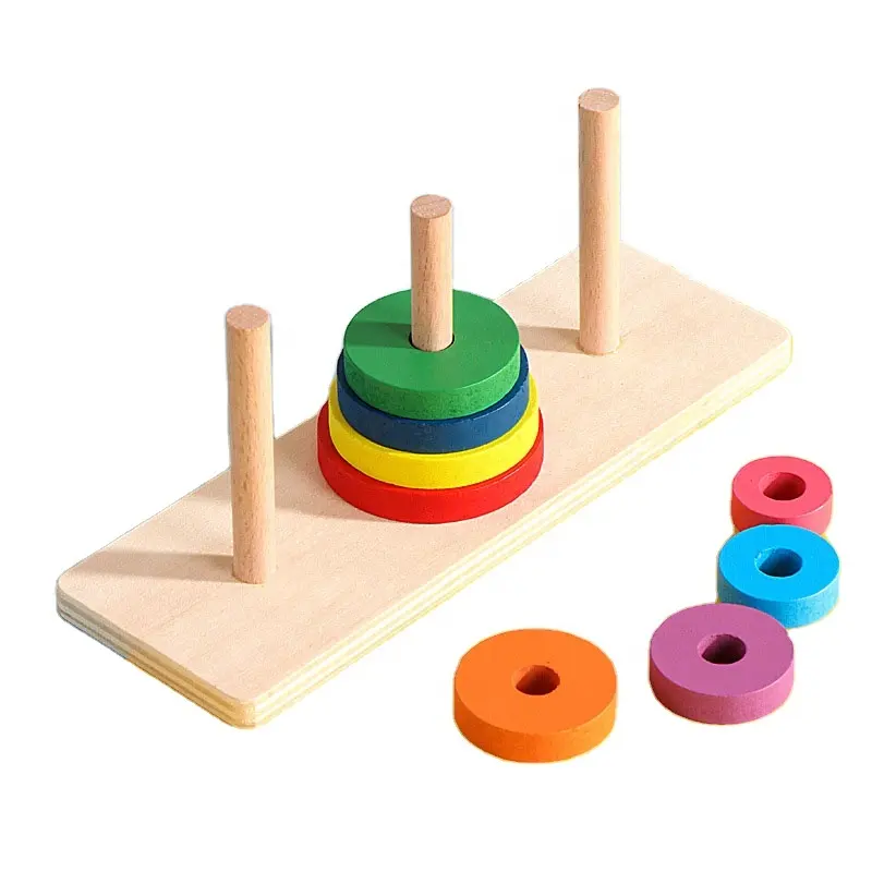 Tour en bois de hano Puzzle, jeu de casse-tête à trois colonnes arc-en-ciel, tour à anneaux empilables, apprentissage précoce, jouets éducatifs pour enfants