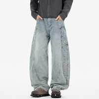 Jean large déchiré pour homme, coupe décontractée, orné de perles, tissé uni, style tendance, automne-hiver