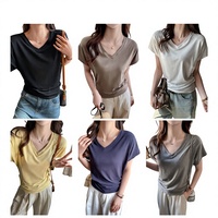 T-shirt femme gris style coréen printemps/été, col en V, manches chauve-souris, épaules droites, manches courtes, viscose, élasthanne, modal