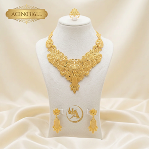 Latest Trendy Ethiopian Flower Classic Design Long Necklace Set with Earrings & Rings 18K Gold Plated Brass Jewelry for Women - Product Image 1
