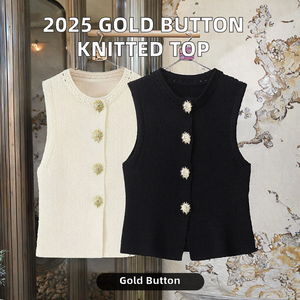 Top Senza Maniche da Donna Vintage Casual Traspirante <span class=keywords><strong>con</strong></span> <span class=keywords><strong>Bottoni</strong></span> Dorati in Maglia Intrecciata Tinta Unita <span class=keywords><strong>con</strong></span> Collo Rotondo per l'Autunno - Product Image 2