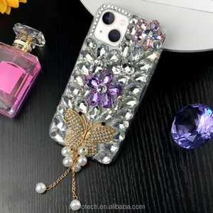 Coque de téléphone de luxe en cristal et strass, pompon papillon Bling diamant, étui de protection arrière pour Iphone13 14 Pro Max