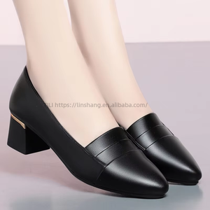 Factory Wholesale <b>Black</b> Leather <b>Pumps</b> - Pointed Toe Block Heel Office Daily Women's Shoes - Product Image 1