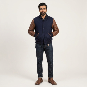FINER THREADS Navy 100% Cotton Casual Varsity Jacket for Men Breathable Stand Collar Ribbed Hem Cuffs <b>Covered</b> <b>Button</b> Front - Product Image 1