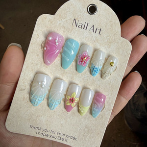Unghie finte a pressione con conchiglie oceaniche in 3D, forma a mandorla, rosa pastello, blu, frangipani dipinti a mano, punte per unghie finte riutilizzabili per la spiaggia - Product Image 3
