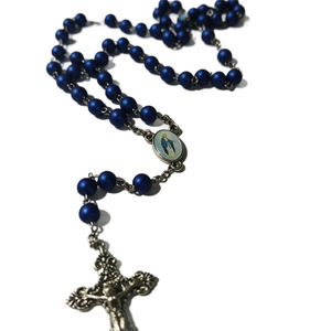 Collier chapelet perlé bleu, pendentif croix en alliage de zinc bleu foncé, bijou unisexe, cadeau A-215 - Product Image 5