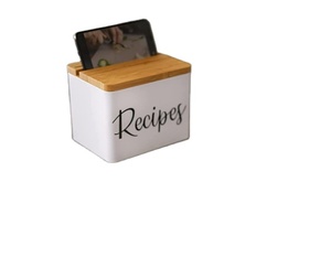 White Metal Body Wooden Lid with Phone Holder and Recipe Card Holder Recipe Box With Cards and Dividers