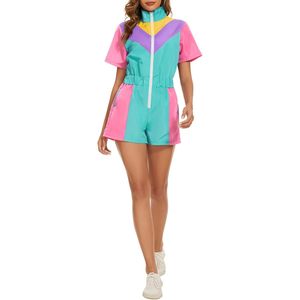 Combinaison coupe-vent une pièce color block pour femme, néon, manches courtes, fermeture éclair sur le devant, taille élastique, satin, séchage rapide, tenue de soirée - Product Image 5