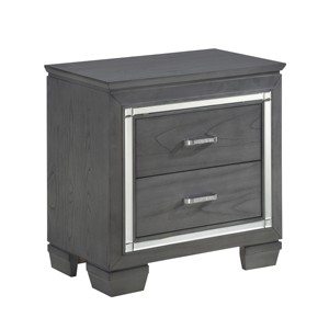 Modern Nightstand 2 Drawers Gray Finish Faux Crystal <b>Bar</b> Pulls <b>LED</b> <b>Lighting</b> Bedroom Furniture - Product Image 1