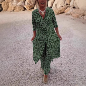 Ensemble chemise boutonnée à revers imprimé rétro pour femme, en fibre de viscose, manches classiques, pantalon, costume décontracté, Europe, Amérique, Asie du Sud-Est - Product Image 2
