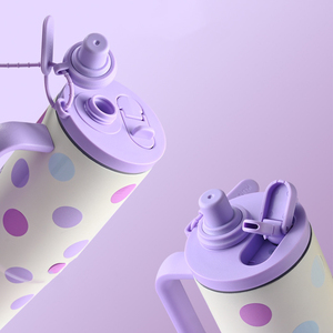 Gobelet isotherme de voyage 900 ml avec double poignée, imprimé dessin animé mignon, couvercle en silicone PP, en acier inoxydable - Product Image 2
