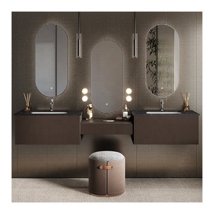 Diseño personalizado <span class=keywords><strong>baño</strong></span> <span class=keywords><strong>lavabo</strong></span> <span class=keywords><strong>muebles</strong></span> espejo estriado Panel doble fregadero <span class=keywords><strong>baño</strong></span> gabinete nogal <span class=keywords><strong>con</strong></span> estantes - Product Image 1