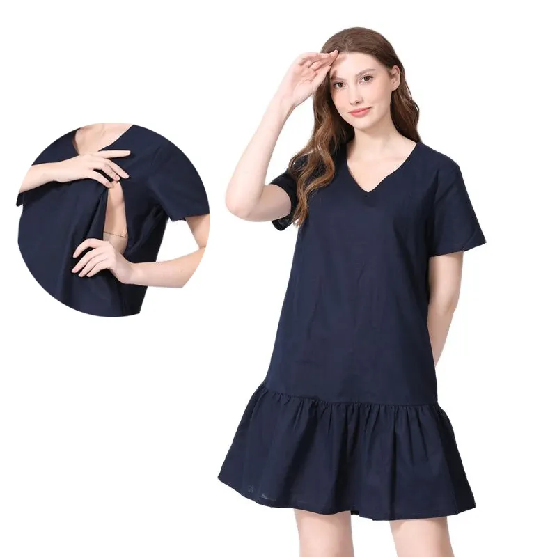 New Summer Pregnant Dress Ruffle Straight Cut Maternity Cotton Linen Dress Invisible Zipper Breastfeeding Clothes Plus Size