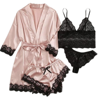 Robes de luxe pour dames Lingerie 2025 vente en gros à manches longues 4 pièces vêtements de nuit en Satin ensembles de pyjamas Robe Femme Sexy Robe pour femmes